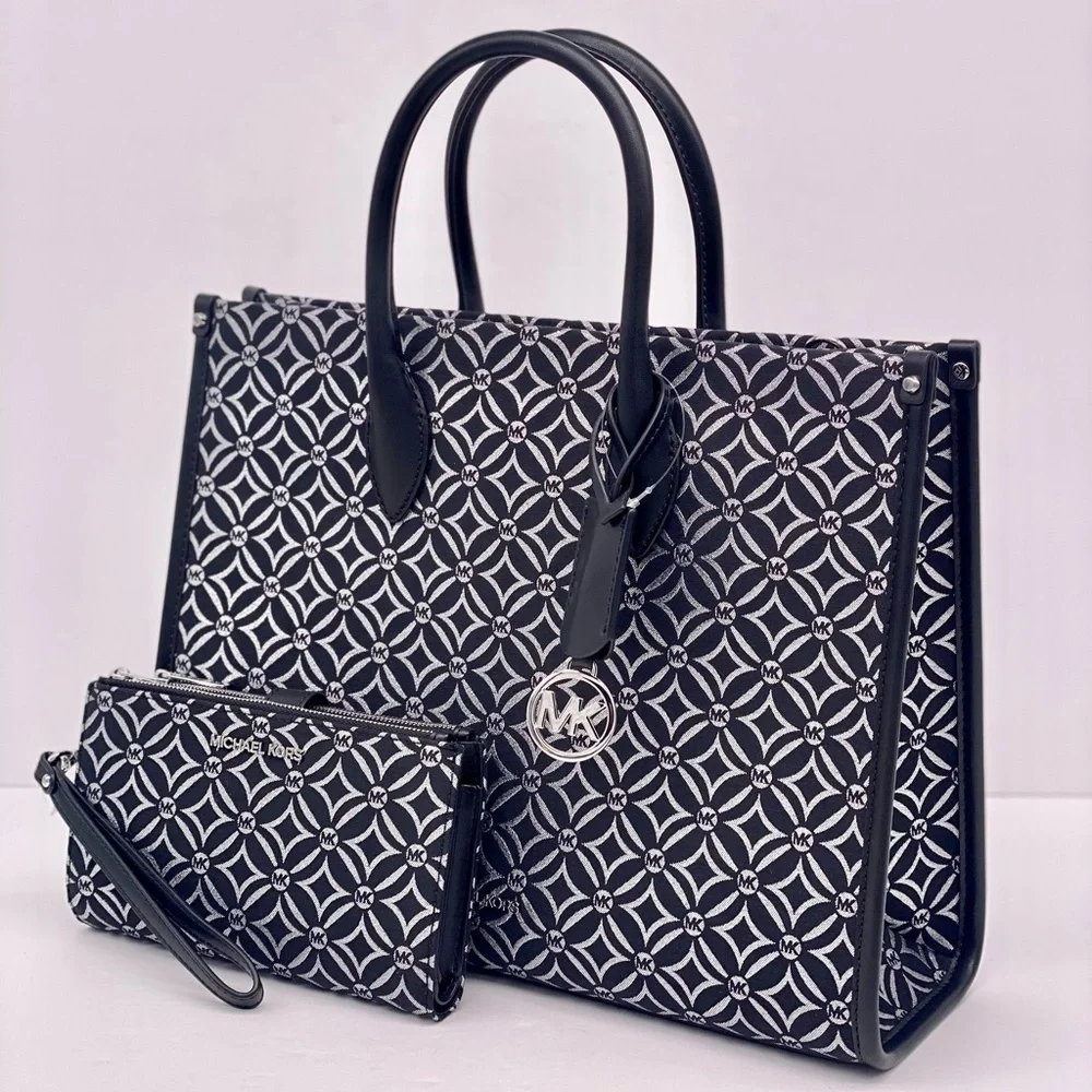 Michael Kors Mirella Medium Metallic Logo Jacquard Tote Bag and Wallet Set
